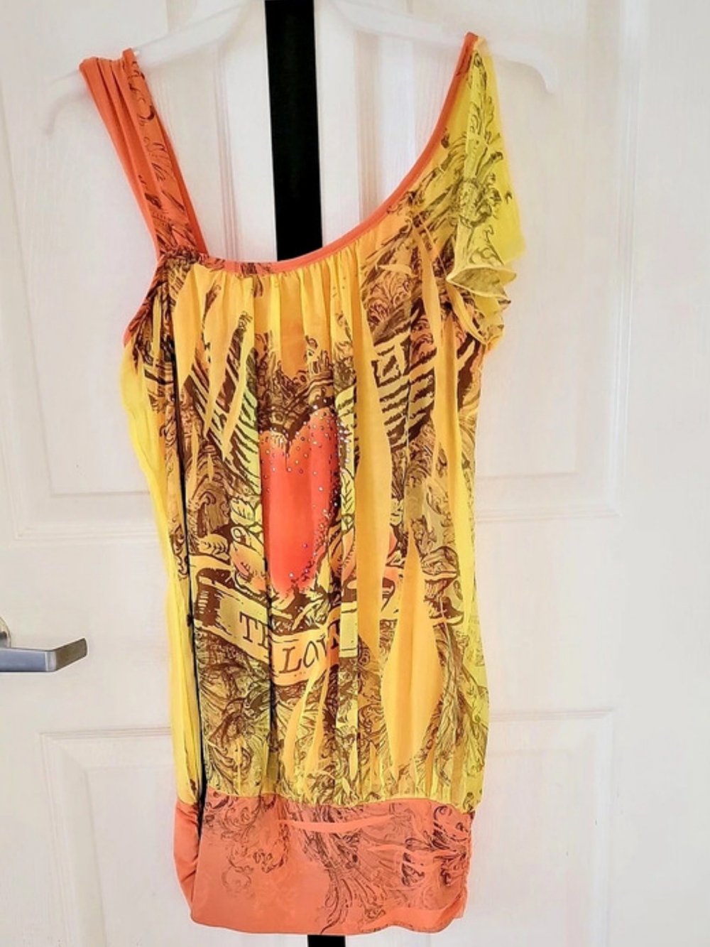 Yellow Coral Asymmetrical Boho Top Rhinestone Embellished Floral Print Size Smal - Picture 3 of 4